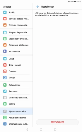 Pulsa RESTABLECER. Espera unos instantes mientras la tablet restablece la configuración predeterminada. Sigue las indicaciones de la pantalla para configurar la tablet y dejarla lista para su uso. Pulsa RESTABLECER. Espera unos instantes mientras la tablet restablece la configuración predeterminada. Sigue las indicaciones de la pantalla para configurar la tablet y dejarla lista para su uso.