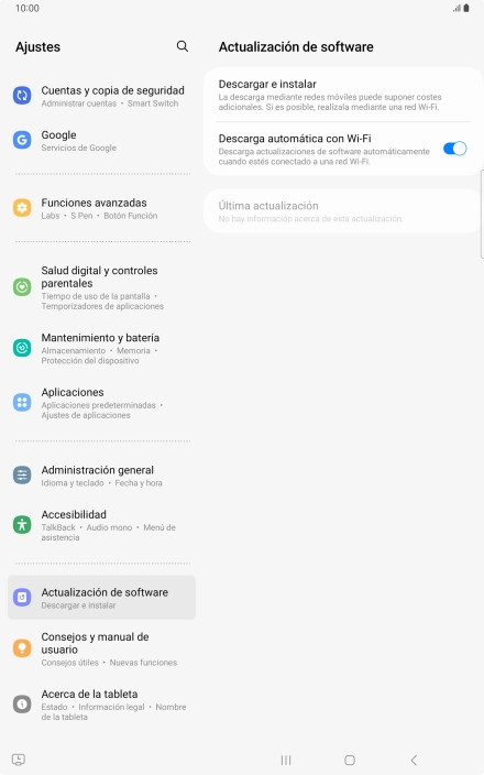 Pulsa Descargar e instalar. Si hay una versión de software nueva disponible, aparecerá ahora en la pantalla. Sigue las indicaciones de la pantalla para actualizar el software de la tablet Pulsa Descargar e instalar. Si hay una versión de software nueva disponible, aparecerá ahora en la pantalla. Sigue las indicaciones de la pantalla para actualizar el software de la tablet