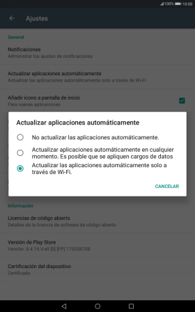Para desactivar la actualización automática de apps, pulsa No actualizar las aplicaciones automáticamente.. Para desactivar la actualización automática de apps, pulsa No actualizar las aplicaciones automáticamente..