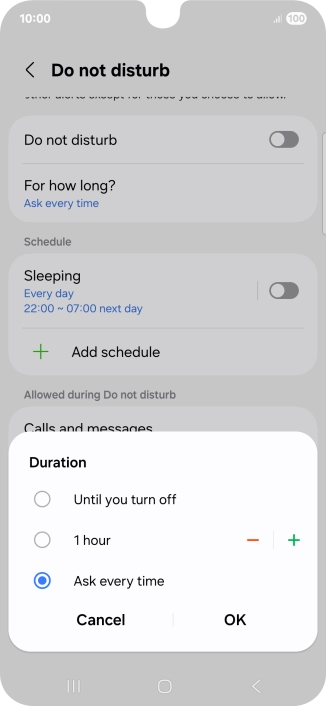 Press the required setting.