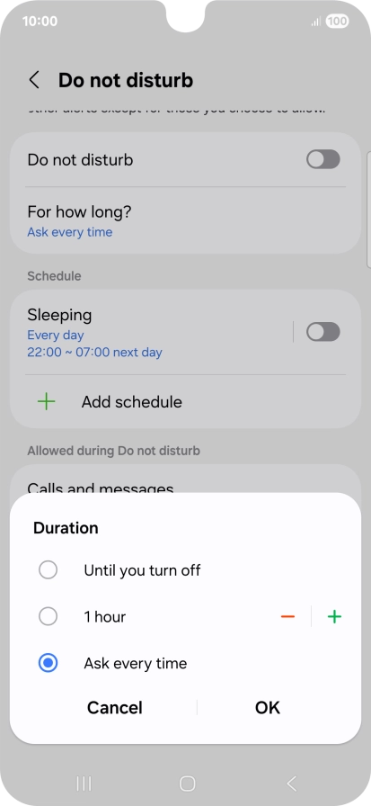 Press the required setting.