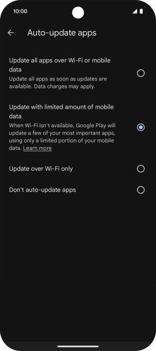 To turn on automatic update of apps using mobile network, press Update all apps over Wi-Fi or mobile data.