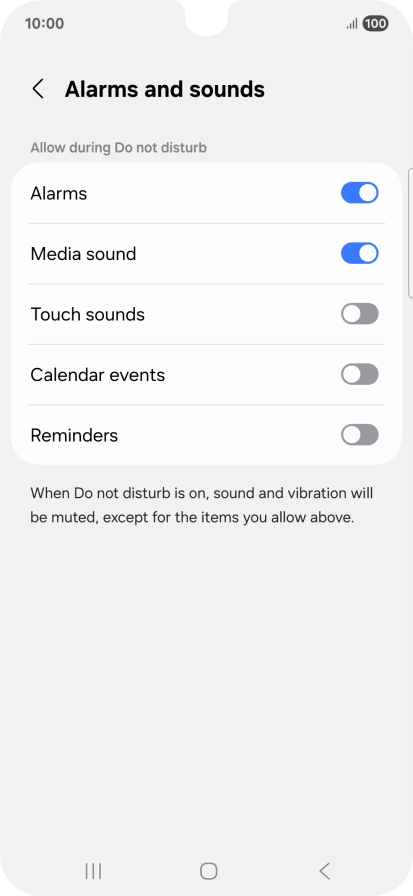 Press the required settings to turn sound and vibration for the selected functions on or off.