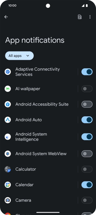 Press the indicator next to the required apps to turn the function on or off.