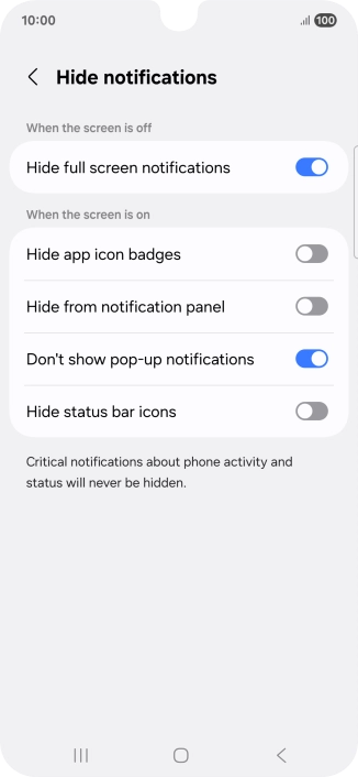 Press the indicators next to the required settings to turn display of the selected notification types on or off.