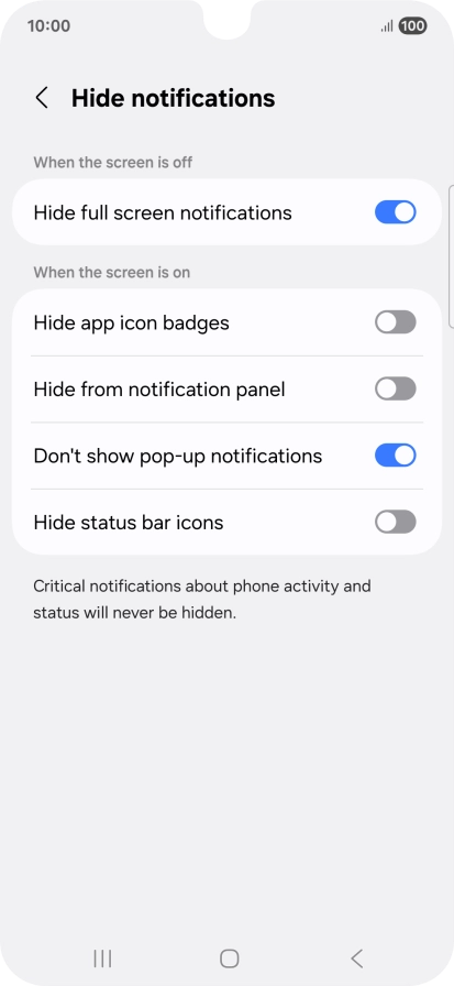 Press the indicators next to the required settings to turn display of the selected notification types on or off.