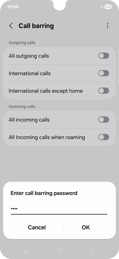 Key in your barring password and press OK. The default barring password is 1919. Key in your barring password and press OK. The default barring password is 1919.