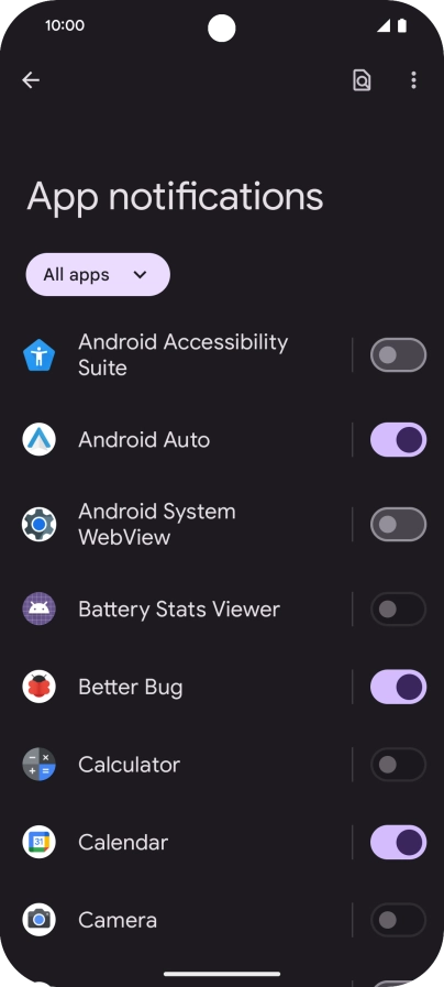 Press the indicator next to the required apps to turn the function on or off.