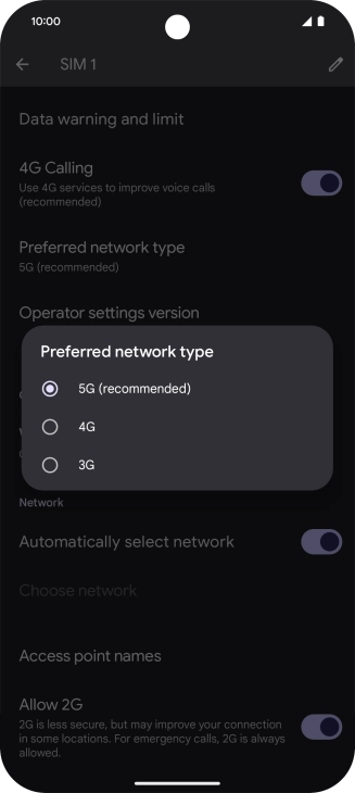 Press the required network mode.