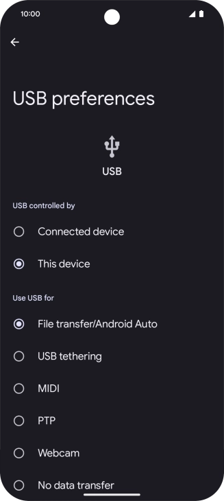 Press File transfer/Android Auto. Press File transfer/Android Auto.