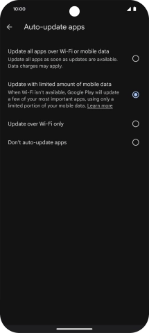 To turn on automatic update of apps using mobile network, press Update all apps over Wi-Fi or mobile data. To turn on automatic update of apps using mobile network, press Update all apps over Wi-Fi or mobile data.