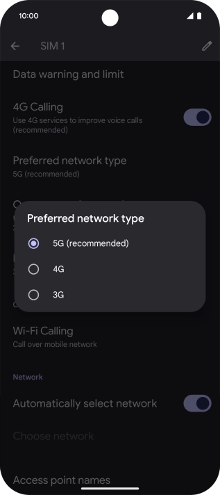 Press the required network mode.