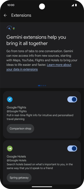 Press the indicator next to the required extension to turn on the function.