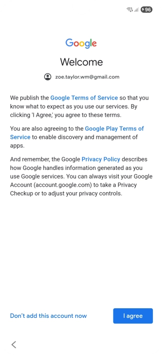 Press I agree and follow the instructions on the screen to select settings for your Google account.