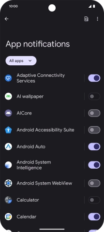 Press the indicator next to the required apps to turn the function on or off.
