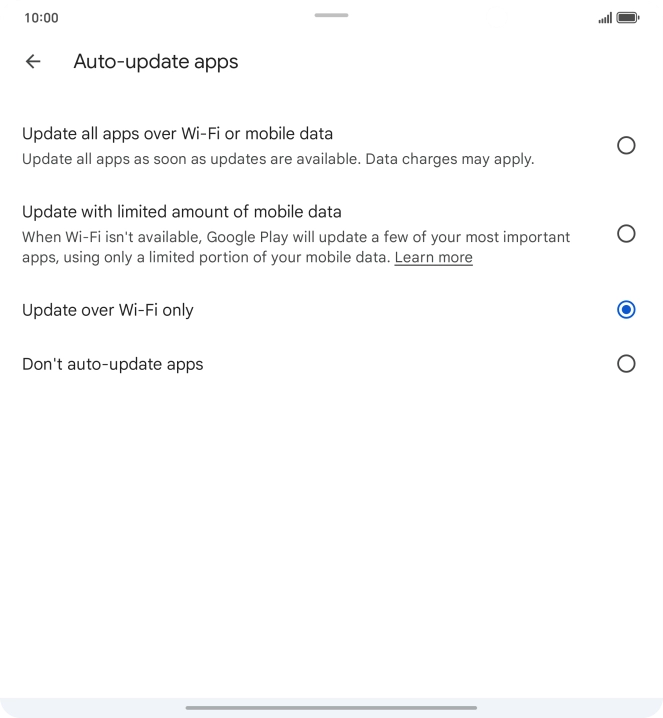 To turn on automatic update of apps using mobile network, press Update all apps over Wi-Fi or mobile data. To turn on automatic update of apps using mobile network, press Update all apps over Wi-Fi or mobile data.