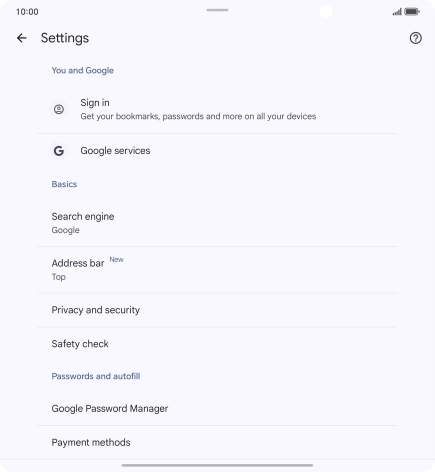 Press Privacy and security.
