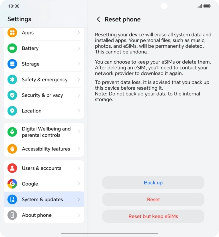 Press Reset. Wait a moment while the factory default settings are restored. Follow the instructions on the screen to set up your phone and prepare it for use. Press Reset. Wait a moment while the factory default settings are restored. Follow the instructions on the screen to set up your phone and prepare it for use.