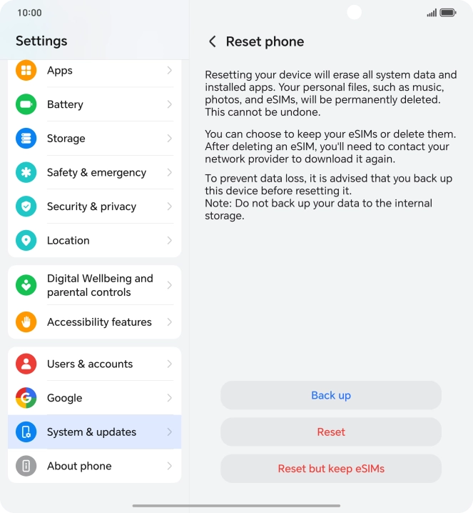 Press Reset. Wait a moment while the factory default settings are restored. Follow the instructions on the screen to set up your phone and prepare it for use. Press Reset. Wait a moment while the factory default settings are restored. Follow the instructions on the screen to set up your phone and prepare it for use.