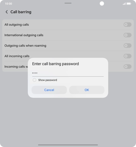 Key in your barring password and press OK. The default barring password is 1919. Key in your barring password and press OK. The default barring password is 1919.
