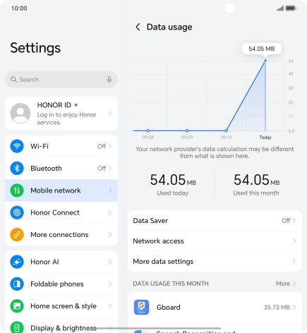 The total data usage is displayed. The total data usage is displayed.