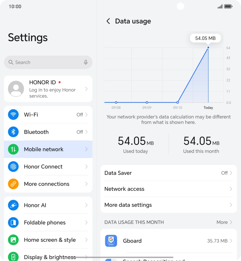 The total data usage is displayed. The total data usage is displayed.