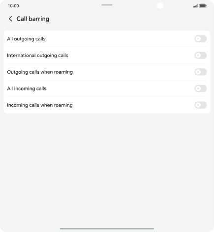 Press the indicator next to the required barring type to turn the function on or off. Press the indicator next to the required barring type to turn the function on or off.