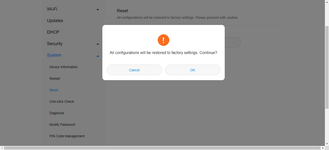 Click OK and wait while your router restores the factory default settings.