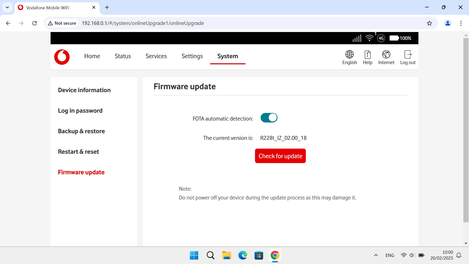 Click Check for update. If a new software version is available, it's displayed. Follow the instructions on the screen to update the router software.