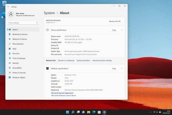 Your laptop's software version is displayed below Windows specifications.
