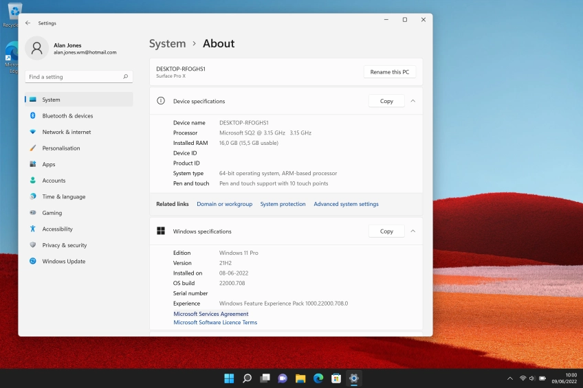 Your laptop's software version is displayed below Windows specifications.