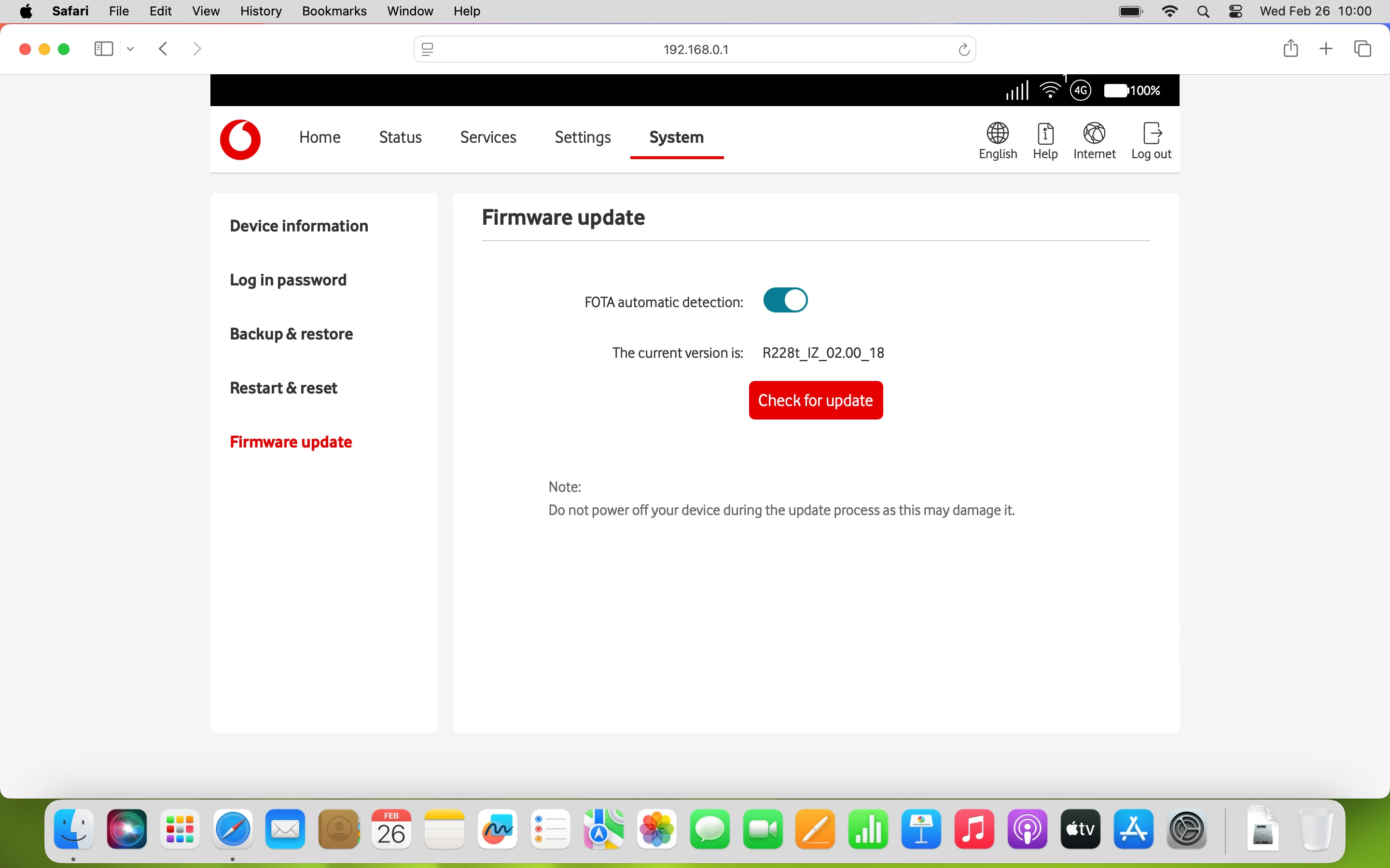 Click Check for update. If a new software version is available, it's displayed. Follow the instructions on the screen to update the router software.
