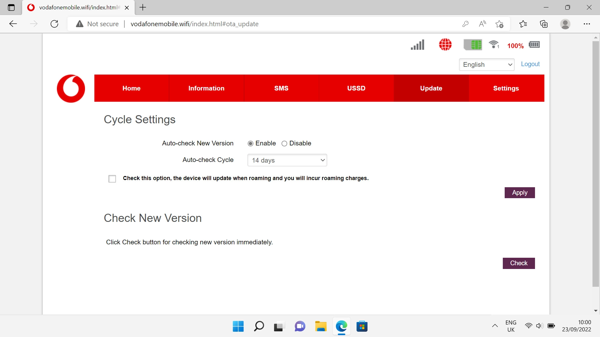 Click Check. If a new firmware version is available, it's displayed. Follow the instructions on the screen to update the router firmware.