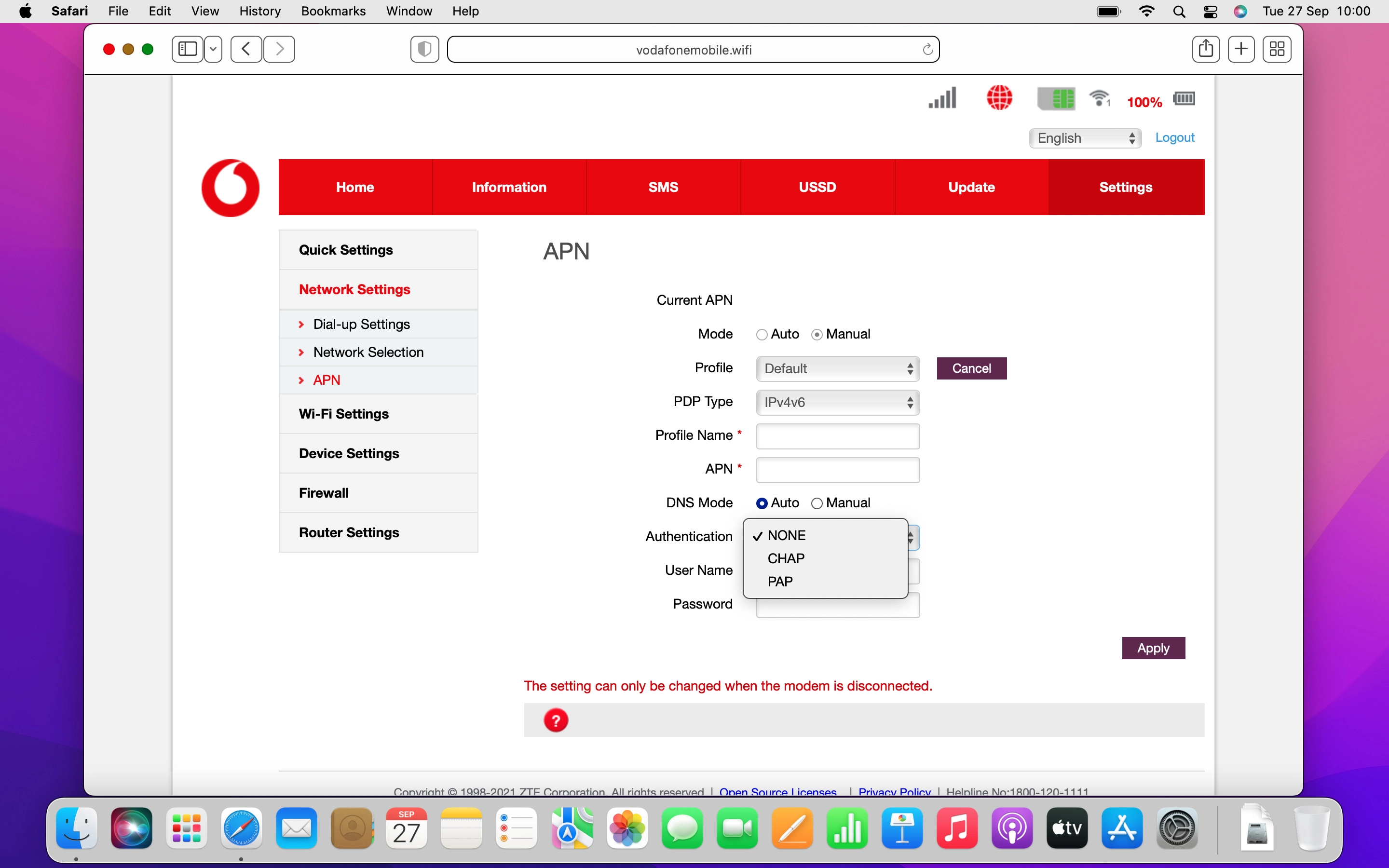 Click the required setting.