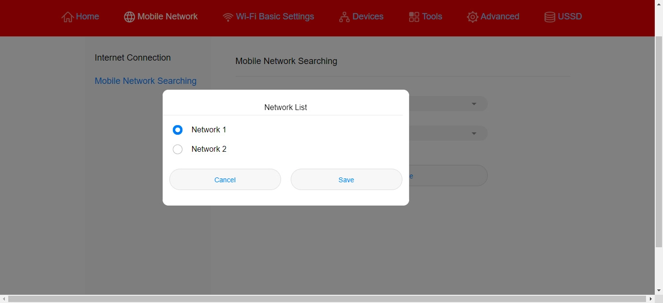 Click the field next to the required network.