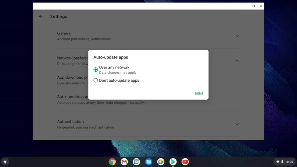 To turn on automatic update of apps using mobile network, click Over any network.