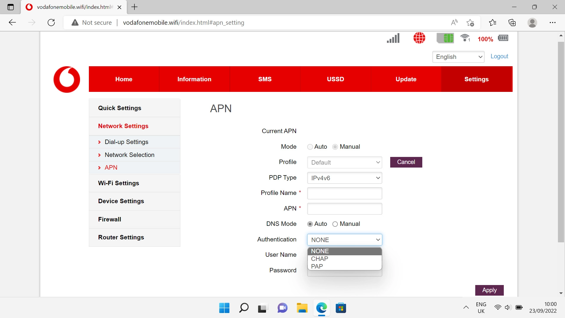 Click the required setting.