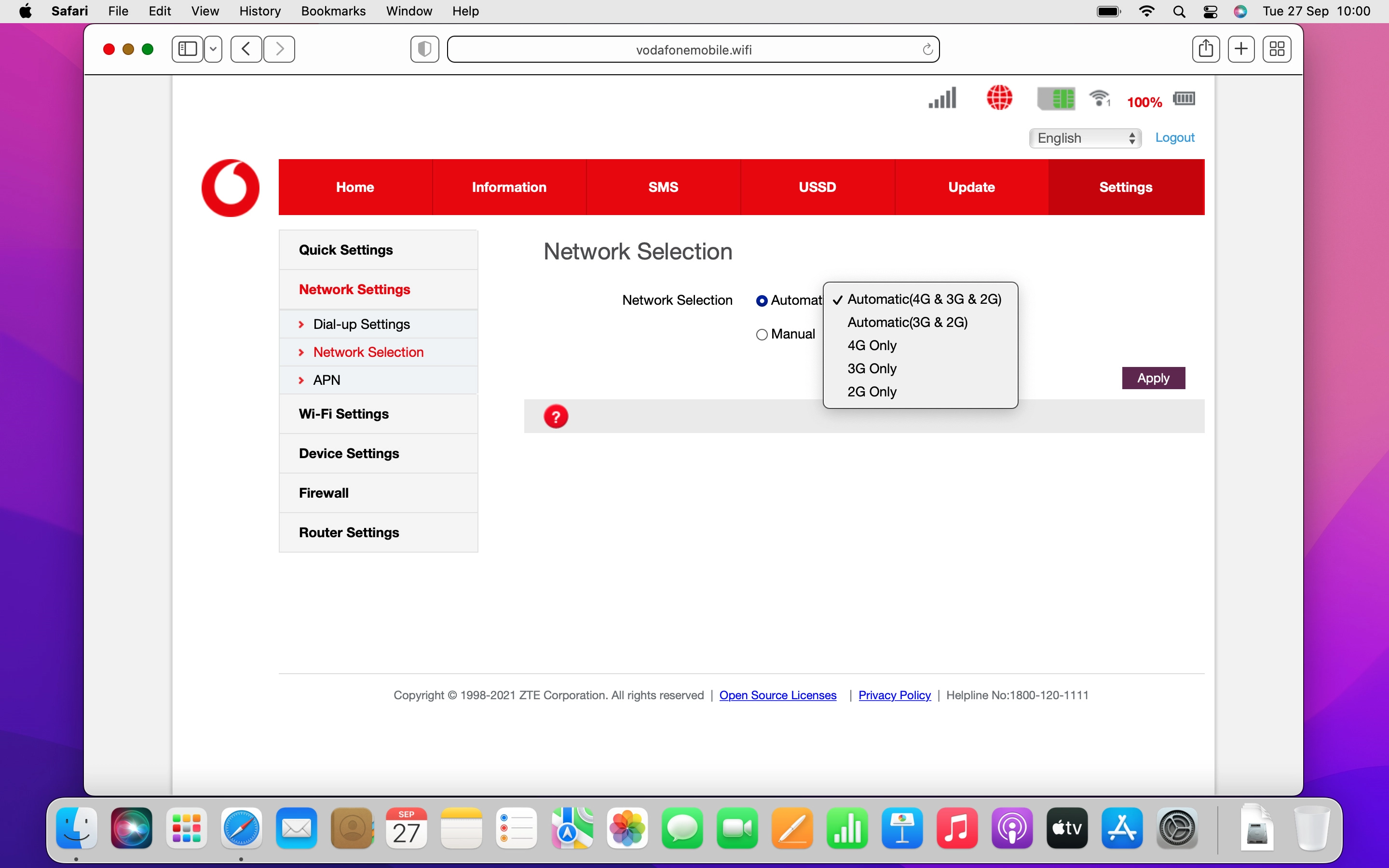 Click the required network mode.