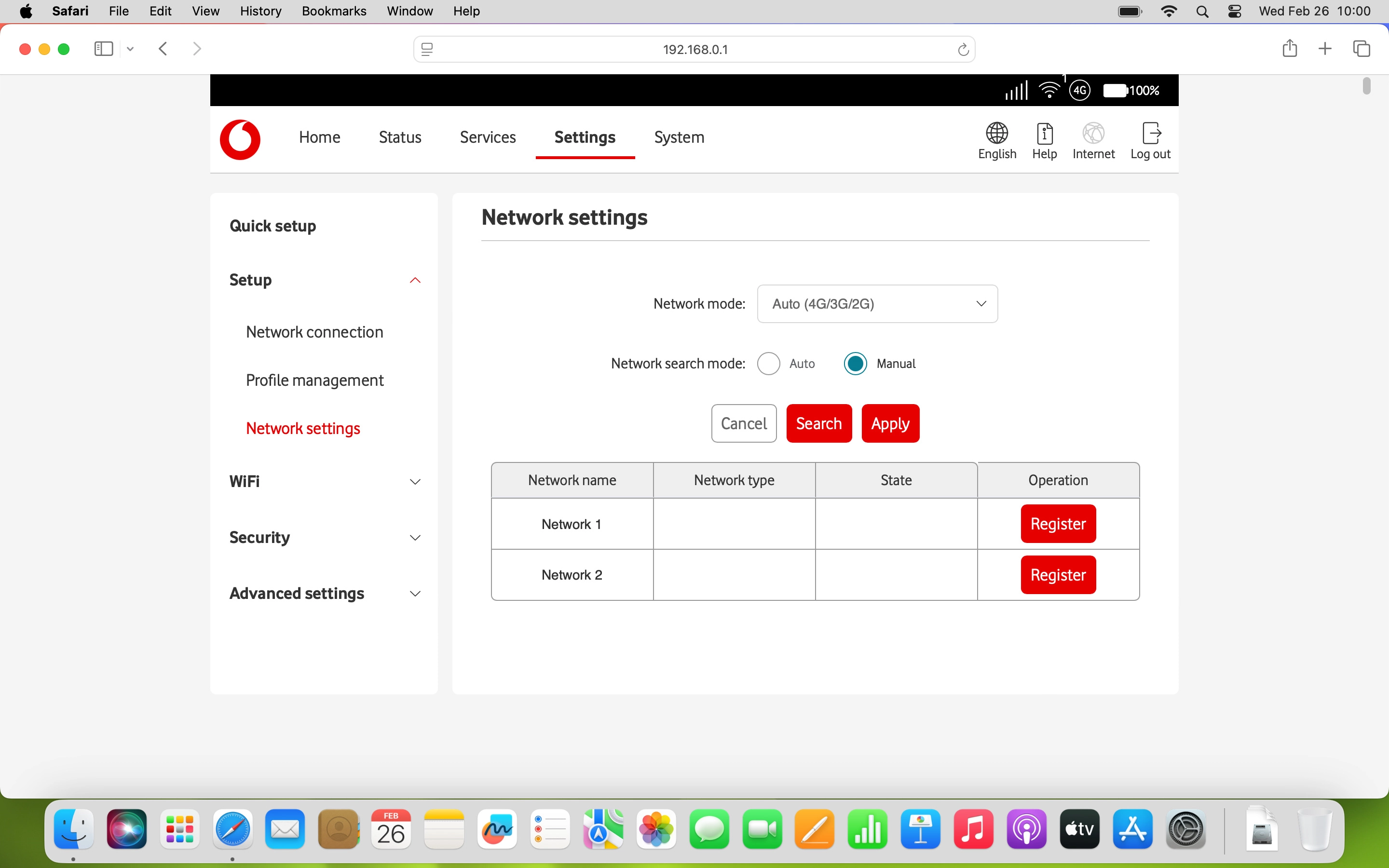 Click Register next to the required network.