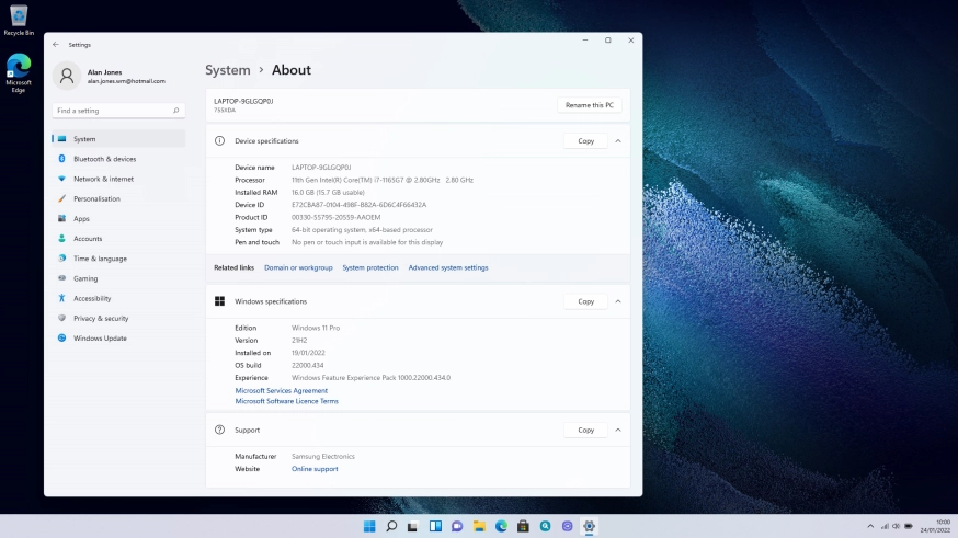 The laptop information is displayed below Device specifications.
