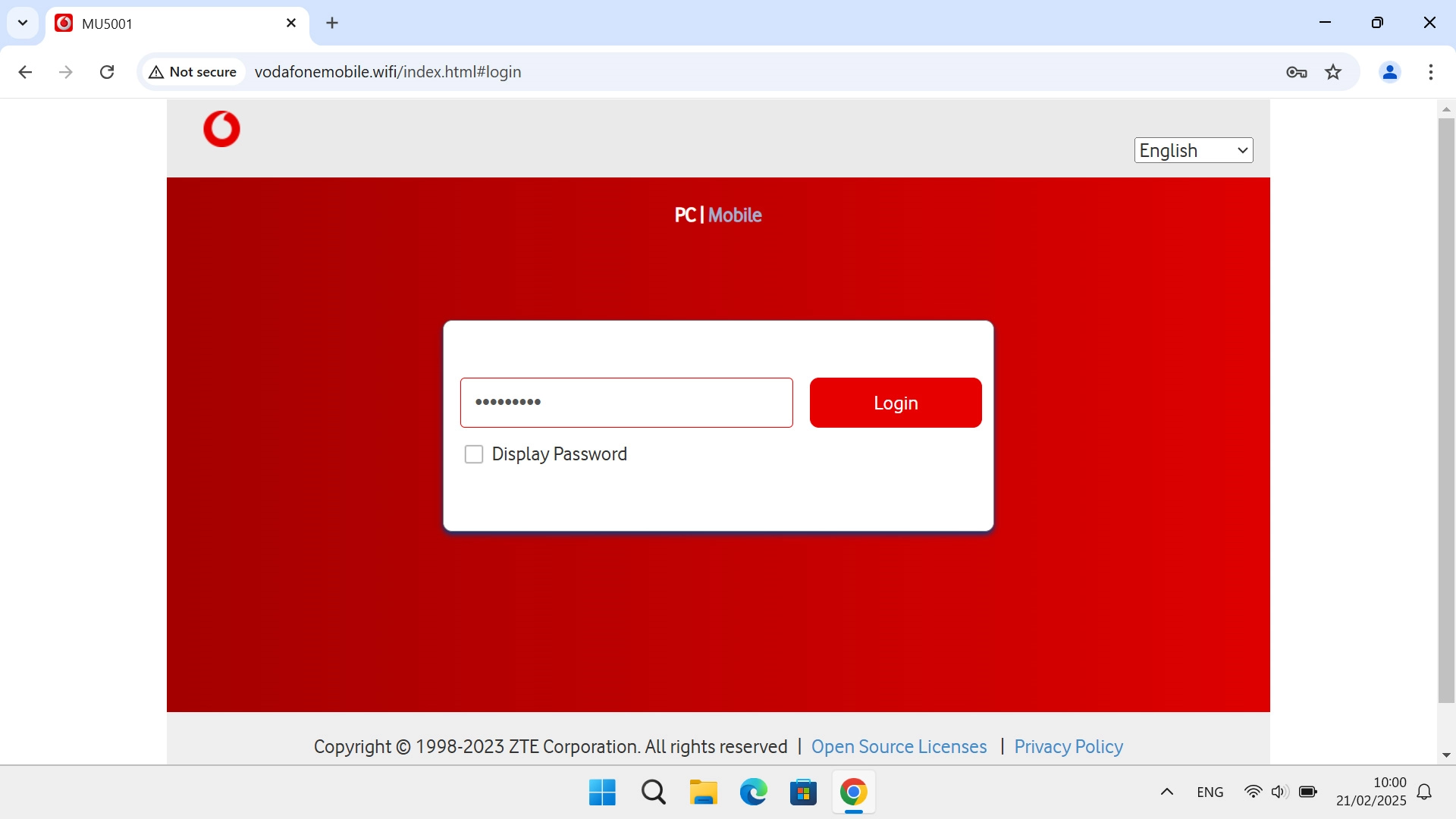 Key in the password for your router and click Login. You can find the default password inside your router, under the battery.
