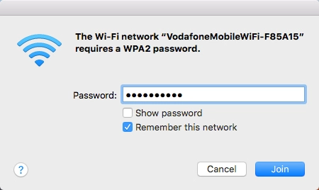 Key in the password for your Wi-Fi hotspot and click Join.