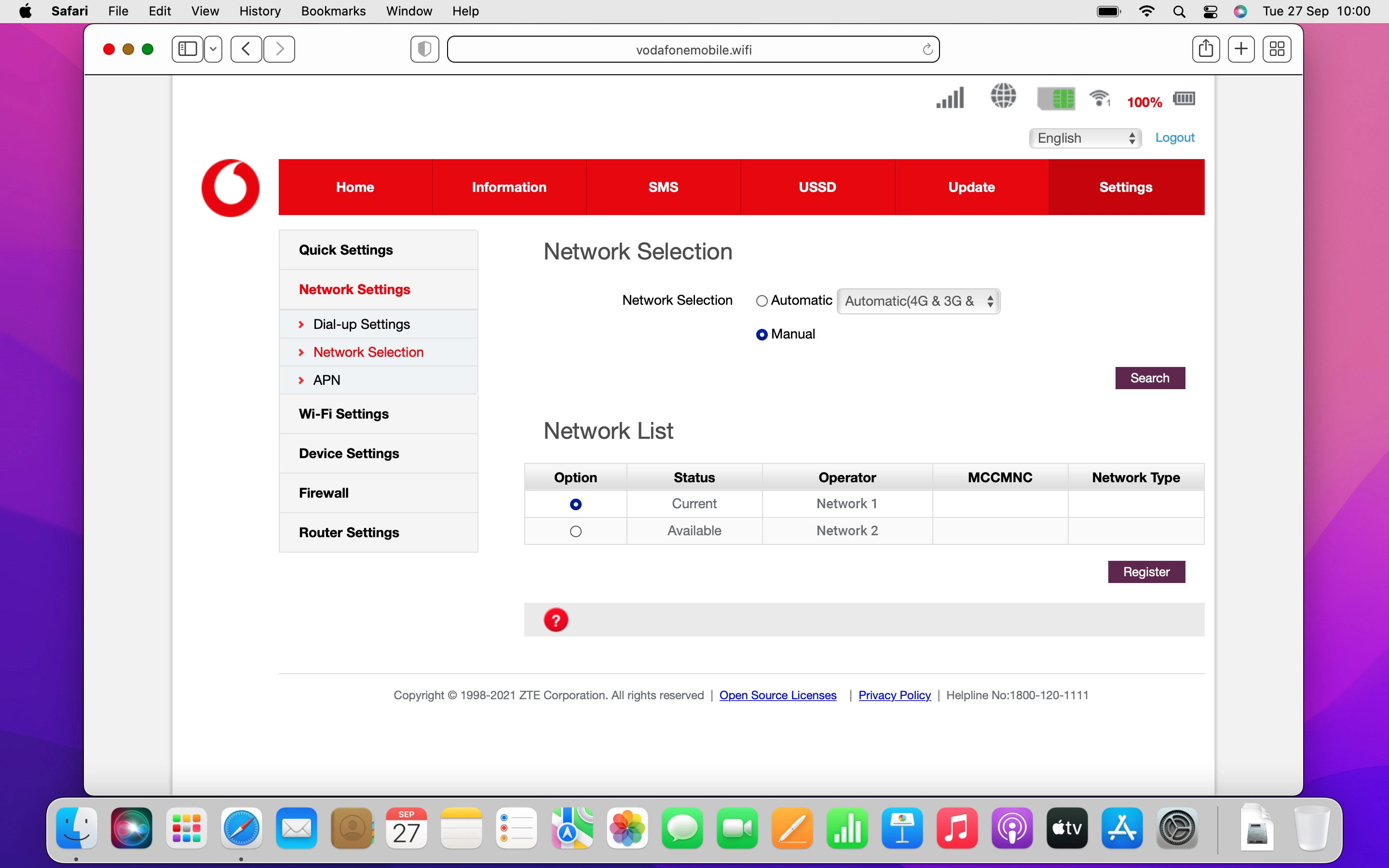 Click the field next to the required network.