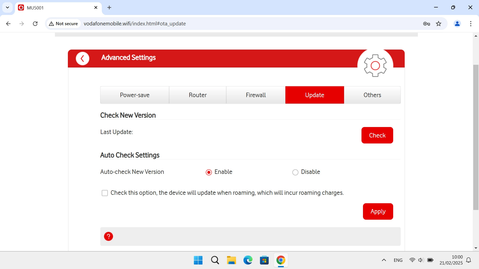 Click Check. If a new firmware version is available, it's displayed. Follow the instructions on the screen to update the router firmware.