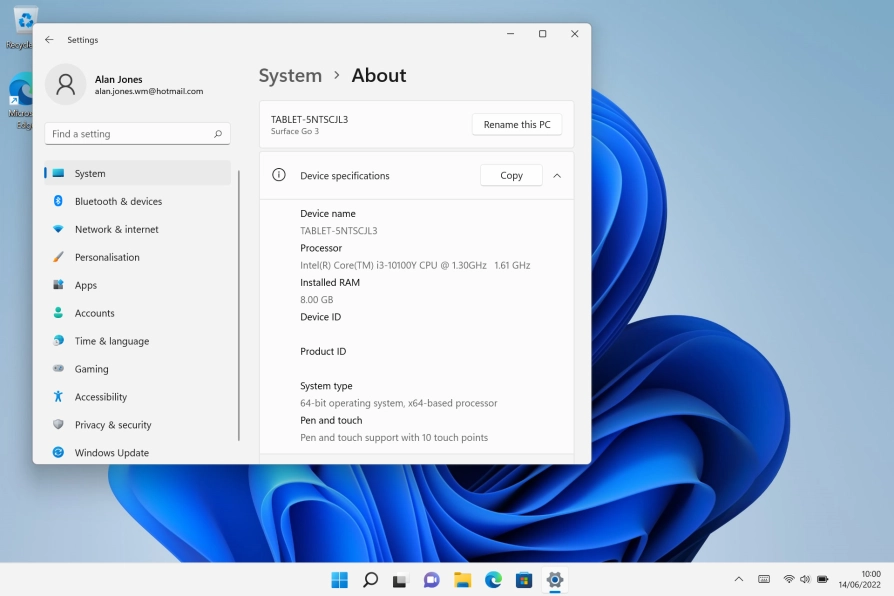 The laptop information is displayed below Device specifications. The laptop information is displayed below Device specifications.