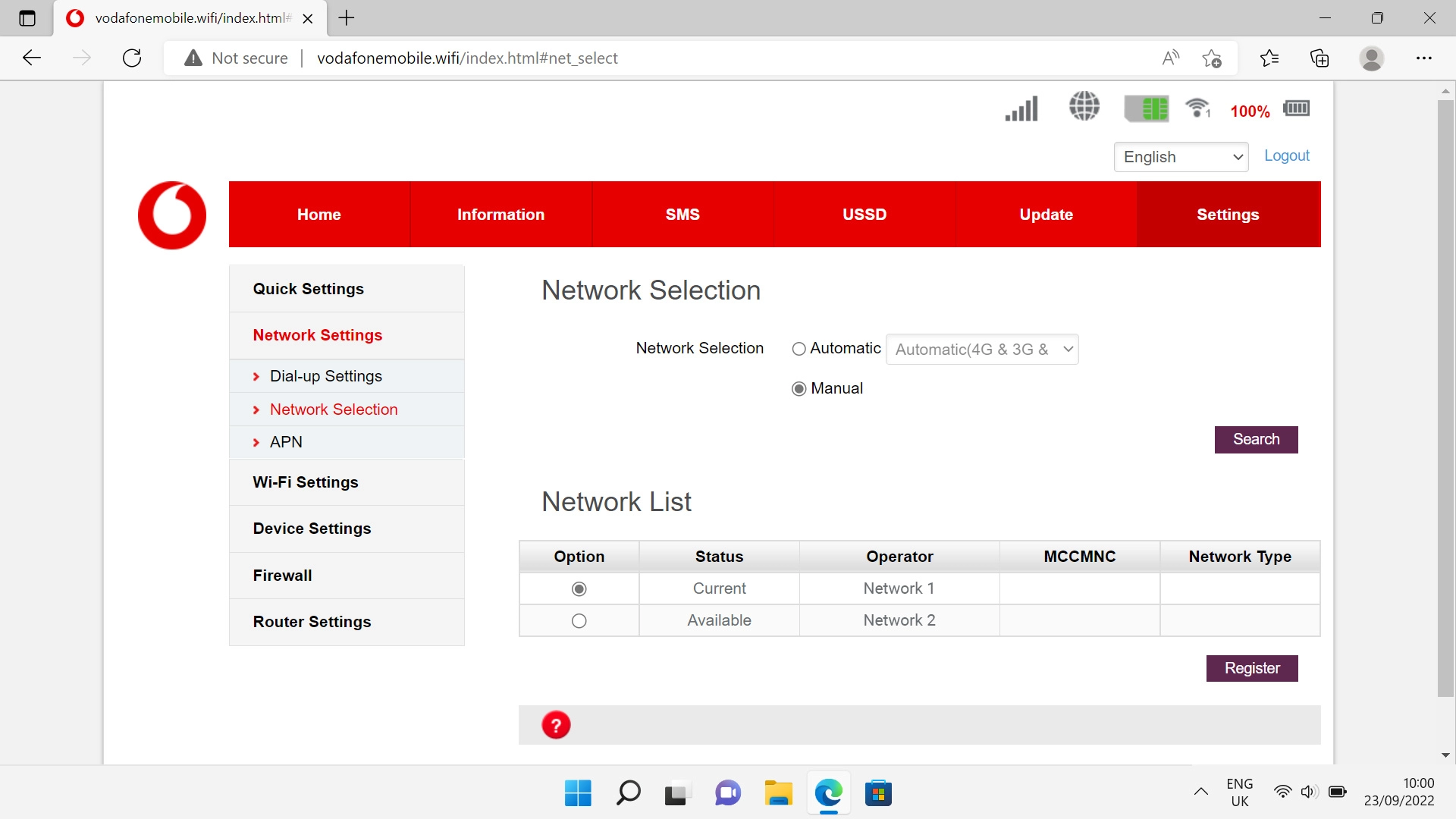 Click the field next to the required network.