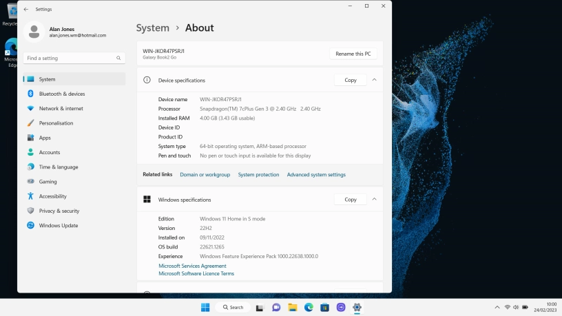 Your laptop's software version is displayed below Windows specifications.