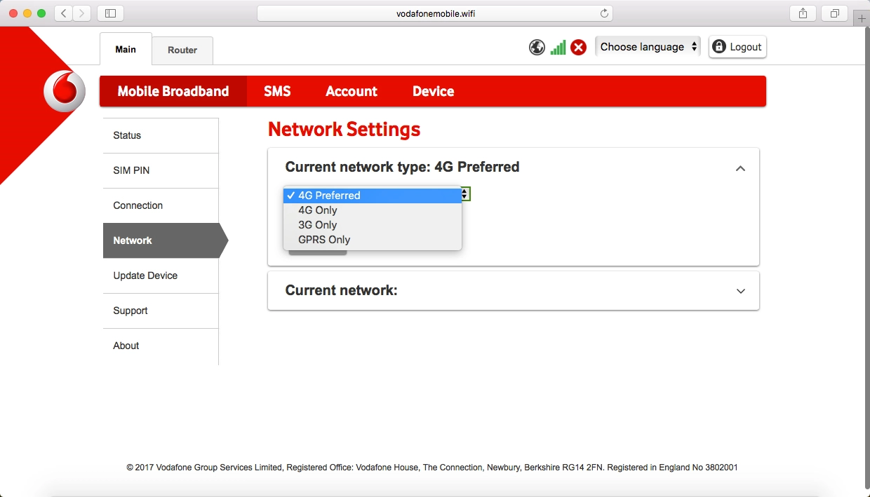 Click the required network mode.