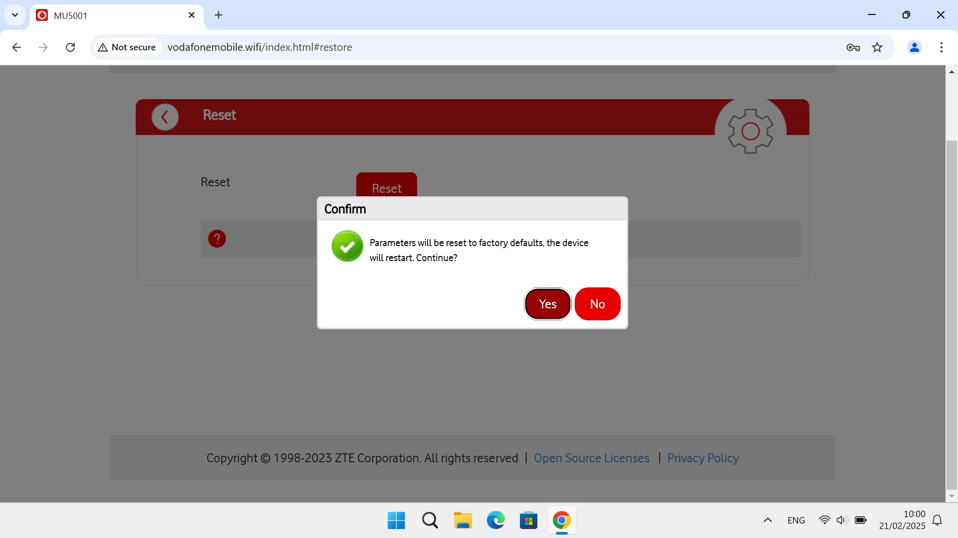 Click Yes and wait while your router restores the factory default settings.