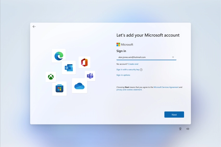 Key in the username for your Microsoft account and click Next.